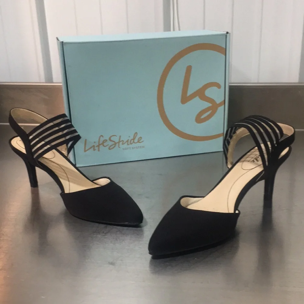 Life Stride Black Strappy Pointed-Toe Heels